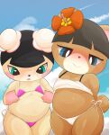  accessory animal_crossing anthro belly bikini black_hair blue_eyes blush bodily_fluids breasts brown_body clothed clothing duo female flower flower_in_hair green_eyes hair hair_accessory hi_res june_(animal_crossing) looking_at_viewer mammal nintendo pekoe_(animal_crossing) plant skimpy slightly_chubby smile sweat swimwear tan_body type ursid video_games 