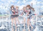  4girls ahoge barefoot black_ribbon black_serafuku black_skirt blonde_hair blue_eyes blush braid brown_eyes brown_hair closed_eyes day eyebrows_visible_through_hair fountain full_body hair_between_eyes hair_flaps hair_ornament hair_ribbon hairband hairclip highres kantai_collection light_brown_hair long_hair multiple_girls murasame_(kancolle) murasame_kai_ni_(kancolle) neckerchief one_eye_closed open_mouth pleated_skirt red_hairband red_neckerchief ribbon school_uniform serafuku shigure_(kancolle) shigure_kai_ni_(kancolle) shiratsuyu_(kancolle) shiratsuyu_kai_ni_(kancolle) short_sleeves single_braid skirt smile sugue_tettou twitter_username two_side_up water yuudachi_(kancolle) yuudachi_kai_ni_(kancolle) 