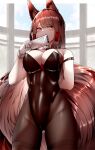  1girl absurdres akagi_(azur_lane) animal_ear_fluff animal_ears arm_behind_back azur_lane bangs bare_arms bare_shoulders black_bodysuit black_legwear blunt_bangs bodysuit breasts brown_hair brown_tail cleavage cleft_of_venus collar collarbone commentary cowboy_shot cuff_links dated_commentary detached_collar eyebrows eyebrows_visible_through_hair fox_ears fox_tail gloves hair_over_breasts hair_over_shoulder hand_to_own_mouth highres kitsune kyuubi large_breasts long_hair looking_at_viewer multiple_tails playboy_bunny red_eyes samip sidelocks slit_pupils smile solo tail white_collar white_gloves window 