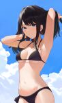  1girl absurdres arm_up armpits bangs bikini black_bikini black_hair blue_eyes blue_sky blush breasts cleavage cloud cloudy_sky commentary cowboy_shot eyebrows_visible_through_hair hands_in_hair highres idolmaster idolmaster_shiny_colors kazano_hiori long_hair looking_at_viewer medium_breasts navel parted_lips sky smile solo standing starshell stomach swept_bangs swimsuit 