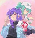  2girls alternate_costume baseball_cap black_pants black_shirt blue_eyes blue_hoodie blue_jacket blush braid bubble_tea cup dragon_girl drinking_straw english_text eyebrows_visible_through_hair eyelashes fang finana_ryugu food fruit green_hair hat head_fins head_wings heterochromia holding holding_cup hood hoodie jacket long_hair looking_at_viewer medium_hair mermaid milkshake monster_girl multiple_girls nijisanji nijisanji_en official_alternate_costume pants pink_background pink_sports_bra pointy_ears ponytail purple_eyes purple_hair selen_tatsuki shirt signature smile soramame_(corndog) sports_bra strawberry twin_braids twitter_username virtual_youtuber white_headwear white_hoodie wristband 