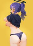  1girl ass bangs blue_archive blue_eyes blue_hair blush breasts closed_mouth ett from_behind halo highres large_breasts long_hair looking_at_viewer looking_back nipples ponytail short_sleeves simple_background solo thighs yellow_background yuuka_(blue_archive) 