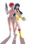  2girls absurdres azasuke belt bikini blue_hair boots breasts brown_eyes cleavage closed_mouth dirty_pair earrings grey_belt gun headband high_heel_boots high_heels highres holding holding_gun holding_weapon holster jewelry kei_(dirty_pair) looking_at_viewer medium_breasts multiple_girls navel red_hair simple_background smile standing swimsuit weapon white_background white_bikini white_footwear yellow_belt yellow_bikini yellow_footwear yuri_(dirty_pair) 