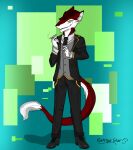  anthro blake_(disambiguation) cigarette clothing dominant dominant_male ear_piercing fur green_eyes grin hi_res hybrid katrina_star male piercing red_body red_fur slicked_back_hair smile solo suit tail_motion 