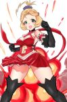  1girl black_gloves blonde_hair breasts character_request explosion gloves green_eyes hair_ornament hair_scrunchie looking_at_viewer nyantiu open_mouth scrunchie short_hair skirt smile solo thighhighs wizard_barristers:_benmashi_cecil 