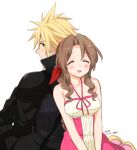  1boy 1girl aerith_gainsborough armor back-to-back bangs bare_arms black_pants black_sleeves blonde_hair blue_eyes blush braid braided_ponytail breasts brown_hair closed_eyes cloud_strife collarbone dress final_fantasy final_fantasy_vii grey_shirt hair_between_eyes hair_ribbon high_collar kingdom_hearts kingdom_hearts_ii krudears medium_breasts multicolored_clothes multicolored_dress official_alternate_costume open_mouth pants parted_bangs pink_dress ribbon shirt shoulder_armor sidelocks sitting smile spiked_hair strap upper_body white_background 