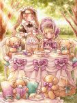  2girls apron bare_shoulders blonde_hair blurry blush bonnet bow brown_hair cake_stand center_frills collared_dress cup cupcake dessert dress food frilled_apron frills gem hair_bow holding holding_cup holding_teapot light_rays lolita_fashion long_hair maid maid_headdress multiple_girls neck_ribbon now original outdoors painting_(medium) paper_texture pearl_(gemstone) picnic_basket pillow puffy_short_sleeves puffy_sleeves ribbon sakano_machi sandwich short_sleeves sleeveless sleeveless_dress table tablecloth tea tea_party teacup teapot traditional_media tree twintails under_tree watercolor_(medium) wavy_hair wristband 