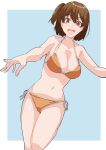  1girl bikini breasts brown_eyes brown_hair cleavage collarbone cowboy_shot highres hiryuu_(kancolle) itou_ebiko kantai_collection large_breasts looking_at_viewer navel one_side_up orange_bikini short_hair side-tie_bikini smile solo swimsuit 