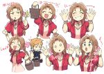  1boy 1girl aerith_gainsborough arm_up armor bangs basket blonde_hair blue_eyes blue_shirt blush bracelet braid braided_ponytail brown_hair choker closed_eyes cloud_strife dress final_fantasy final_fantasy_vii final_fantasy_vii_remake flower flower_basket green_eyes hair_ribbon hands_up high_five holding holding_basket holding_flower jacket jewelry multiple_views open_mouth parted_bangs pink_dress puffy_short_sleeves puffy_sleeves red_jacket ribbon shirt short_sleeves shoulder_armor sleeveless sleeveless_turtleneck smile spiked_hair suspenders tsubobot turtleneck upper_body weapon weapon_on_back white_background 