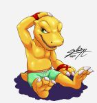  agumon bandai_namco bottomwear clothing digimon digimon_(species) hi_res male sagadreams shorts solo swimming swimming_trunks swimwear 