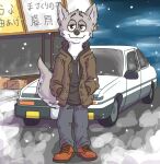  andre_wolf anthro boots bottomwear canid canine canis car clothed clothing detailed_background digital_media_(artwork) footwear fur hi_res hoodie initial_d jacket japanese_text legwear looking_at_viewer male mammal outside package pants road shirt sidewalk smile snow solo standing storefront text topwear toyota toyota_corolla vehicle winter wolf zankytime 