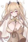  1boy 1girl ? ?? absurdres anchorage_(azur_lane) azur_lane bangs blonde_hair blush breast_grab breasts cleavage eyebrows_visible_through_hair grabbing highres large_breasts long_hair long_sleeves open_mouth red_eyes simple_background smile solo_focus toki_(rumukio) 