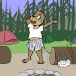  anthro breasts brown_body brown_fur camping candy clothed clothing dessert female firepit food forest fur lutrine mammal marshmallow mustelid navel open_mouth outside plant sarah_(study_partners) shirt solo stretching study_partners teenager tent thunderouserections topwear tree young 