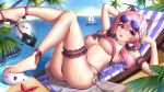  1girl :d animal_ears arms_up ass bare_shoulders barefoot bikini blue_eyes breasts chair eyewear_on_head fake_animal_ears fang feet highres indie_virtual_youtuber large_breasts leg_garter legs_up long_hair looking_at_viewer lounge_chair open_mouth pink_bikini pink_hair sakurada_hane side-tie_bikini smile solo stomach strapless strapless_bikini sunglasses swimsuit thighs underboob virtual_youtuber wet wsman 