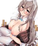  1girl absurdres akane_(blue_archive) blue_archive bow bowtie brown_eyes brown_hair coin detached_collar glasses gloves hair_between_eyes highres long_hair nipples object_on_breast pantyhose playboy_bunny pointy_breasts solo vitaminechan white_gloves white_legwear 