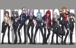  6+girls adjusting_clothes adjusting_necktie airani_iofifteen anya_melfissa ayunda_risu blonde_hair blue_hair braid brown_hair elbow_on_another&#039;s_shoulder eyewear_on_head eyewear_removed formal grey_hair hand_in_own_hair highres hololive hololive_indonesia kaela_kovalskia kobo_kanaeru kureiji_ollie long_hair moona_hoshinova multiple_girls necktie pavolia_reine pink_hair purple_hair raikkonen red_hair suit sunglasses sword tablet_pc tinted_eyewear vestia_zeta virtual_youtuber weapon 