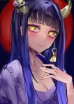  1girl blue_hair blush breasts cleavage closed_mouth commission earrings hand_on_own_chest horn_ornament horns jewelry looking_at_viewer mile_(off8mile) original skeb_commission smile solo yellow_eyes 