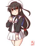  1girl artist_logo backpack bag black_hair black_shirt brown_eyes cardcaptor_sakura commentary_request cosplay cowboy_shot dated hat hatsushimo_(kancolle) kanon_(kurogane_knights) kantai_collection long_hair low-tied_long_hair neckerchief one-hour_drawing_challenge pleated_skirt randoseru red_eyes sailor_collar sailor_hat school_uniform serafuku shirt simple_background skirt solo tomoeda_elementary_school_uniform white_background white_headwear white_neckerchief white_sailor_collar white_skirt 