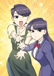  2girls apron bangs black_eyes black_hair blazer blue_jacket bow bowtie collared_shirt commentary_request dragon_ball dragon_ball_z father-son_kamehameha green_apron highres jacket komi-san_wa_komyushou_desu komi_shouko komi_shuuko long_hair long_sleeves looking_at_viewer mother_and_daughter multiple_girls one_eye_closed open_mouth parody purple_eyes school_uniform shirt short_hair smile striped striped_bow striped_bowtie swept_bangs ueyama_michirou white_shirt 