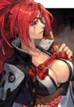  1girl baiken black_background breasts eyepatch facial_mark guilty_gear guilty_gear_strive hand_up hungry_clicker japanese_clothes kimono large_breasts long_hair ponytail red_eyes red_hair skull_print solo upper_body white_kimono 