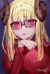  1girl blonde_hair blush commission curled_horns glasses hand_up horns indie_virtual_youtuber long_hair long_sleeves looking_at_viewer mile_(off8mile) parted_lips red-framed_eyewear red_eyes red_sweater ribbed_sweater skeb_commission solo sweater tane_tenshi 