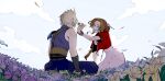  1boy 1girl absurdres aerith_gainsborough armor bangs belt blonde_hair blue_pants blue_shirt bracelet braid braided_ponytail breasts cloud cloud_strife cloudy_sky couple cropped_jacket dress falling_petals field final_fantasy final_fantasy_vii final_fantasy_vii_remake flower flower_field gloves green_eyes hair_ribbon highres holding holding_flower jacket jewelry kneeling long_dress long_hair medium_breasts multiple_belts muscular muscular_male oimo_(oimkimn) on_ground open_mouth pants parted_bangs petals pink_dress red_jacket ribbon shirt shoulder_armor sidelocks sky sleeveless sleeveless_turtleneck smile spiked_hair suspenders turtleneck wavy_hair 