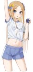  1girl :o abigail_williams_(fate) absurdres arm_up blue_bow blue_eyes blush bow brown_hair cowboy_shot fate/grand_order fate_(series) forehead gym_shirt gym_uniform hair_bow highres kopaka_(karda_nui) long_hair multiple_hair_bows name_tag navel open_mouth orange_bow shirt short_sleeves shorts simple_background solo stopwatch sweat watch white_background white_shirt yellow_bow 