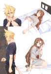  1boy 1girl aerith_gainsborough asymmetrical_hair bangs bare_legs barefoot bed bed_sheet black_pants blanket blonde_hair blue_eyes blue_shirt breasts closed_eyes cloud_strife doorknob final_fantasy final_fantasy_vii green_eyes grey_shirt hair_down hand_on_own_face holding_another&#039;s_wrist holding_hands hospital_bed kiss kissing_hand kneeling krudears long_hair lying medium_breasts on_back pants parted_bangs pillow pulling shirt sidelocks spiked_hair t-shirt wavy_hair 