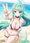  1girl aqua_hair aqua_nails artist_name bangs beach bikini black_choker bracelet breasts chest_jewel choker cleavage closed_mouth collarbone dutch_angle eyebrows_visible_through_hair green_eyes hal_(21) hand_up highres jewelry large_breasts long_hair looking_at_viewer name_tag navel ocean outdoors pixiv_id pneuma_(xenoblade) ponytail sky smile solo swept_bangs swimsuit twitter_username white_bikini xenoblade_chronicles_(series) xenoblade_chronicles_2 