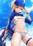  1girl ahoge artoria_pendragon_(fate) ass_visible_through_thighs bangs banned_artist baseball_cap bikini blonde_hair blue_eyes blue_headwear blue_jacket blue_skirt blue_sky bracelet breasts cropped_jacket day duplicate fate/grand_order fate_(series) hair_between_eyes hat head_tilt holding holding_clothes holding_hat holding_weapon jacket jewelry kyoeiki long_hair looking_at_viewer medium_breasts mysterious_heroine_xx_(fate) navel open_mouth ponytail side-tie_bikini sidelocks skirt sky smile solo stomach string_bikini swimsuit thigh_strap weapon white_bikini 