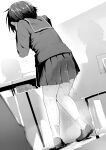  1girl absurdres blush chair commentary_request commission desk ear_blush embarrassed greyscale highres indoors kneepits knees_together_feet_apart leaning_forward long_sleeves miniskirt monochrome onsen_mikan original pee peeing peeing_self people pleated_skirt puddle sailor_collar school_chair school_desk school_uniform serafuku shiny shiny_hair shirt shoes short_hair silhouette skeb_commission sketch skirt socks solo_focus sparkle wet wet_clothes 