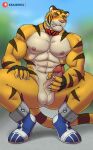  anthro build_tiger genitals hi_res humanoid_genitalia humanoid_penis kraidhiel male masturbation muscular nude penis solo 