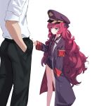  1boy 1girl armband black_coat black_headwear black_legwear black_skirt blue_archive blue_eyes blush coat commentary feet_out_of_frame hands_in_pockets hat head_out_of_frame height_difference iroha_(blue_archive) long_hair military military_uniform miniskirt necktie open_clothes open_coat peaked_cap pencil_skirt red_hair red_necktie simple_background skirt solo_focus thighs uniform very_long_hair wavy_hair white_background zi_se 