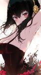  1girl armpits black_dress black_hair breasts cleavage commentary_request dress gold_hairband highres long_hair looking_at_viewer medium_breasts presenting_armpit red_eyes rose_hair_ornament solo spy_x_family upper_body venomrobo yor_briar 