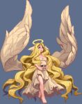  1girl angel blonde_hair blue_background closed_mouth commentary_request d-01 flower full_body halo head_wings holding holding_skull long_hair mistress_of_shelter pixel_art plant ragnarok_online simple_background skull solo thorns very_long_hair vines white_wings wings 