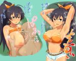  1boy 1girl :o absurdres antenna_hair armpits bikini bow breast_smother breasts commentary_request daba_(wandaba) face_to_breasts faceless faceless_male fang ganaha_hibiki hair_bow highres idolmaster large_breasts long_hair micro_shorts multiple_views orange_bikini paid_reward_available shorts side-tie_bikini smell smelling sweat swimsuit translation_request very_long_hair 