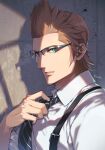  1boy adjusting_clothes adjusting_necktie artist_name brown_hair final_fantasy final_fantasy_xv formal glasses green_eyes grey_background hinoe_(dd_works) ignis_scientia male_focus necktie parted_lips shadow shirt short_hair sideburns solo spiked_hair striped_necktie suspenders upper_body white_shirt 