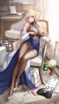  ahoge artoria_pendragon_(fate) artoria_pendragon_(lancer)_(fate) bangs bare_shoulders between_breasts blonde_hair blue_eyes blue_ribbon blue_skirt blush bodystocking braid breast_lift breasts chain_between_breasts claw_ring commentary_request covered_nipples curly_hair eyebrows_visible_through_hair eyelashes fate/grand_order fate_(series) hair_between_eyes heart heart_in_eye heart_pasties indoors large_breasts lips long_hair long_sleeves looking_at_viewer mole mole_under_eye nail_polish no_bra off_shoulder pasties pink_nails ribbon shirt sitting skirt sweat symbol_in_eye tsuki_no_i-min very_long_hair white_shirt 