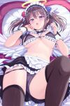 1girl :o angel_wings apron bikini bikini_top_only black_panties black_skirt breasts brown_hair brown_legwear crotch_seam feathered_wings frilled_bikini frilled_skirt frills front-tie_bikini front-tie_top halo hands_up highres knee_up large_breasts long_hair looking_at_viewer lying maid maid_apron maid_bikini maid_headdress miniskirt navel on_back open_mouth original panties purple_eyes revealing_clothes short_sleeves shrug_(clothing) skirt solo stomach swimsuit tenzeru thighhighs thighs two_side_up underwear waist_apron wings 