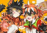  1boy 1girl 2022 aak_(arknights) animal_ears animal_hands animal_print arknights chinese_zodiac ear_piercing fang food furry glasses jacket nishi_juuji piercing slit_pupils smile tail tiger_boy tiger_ears tiger_print tiger_tail tongue tongue_out waai_fu_(arknights) year_of_the_tiger 