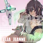  1girl apex_legends black_choker blue_eyes breasts choker cleavage drone grey_tank_top hack_(apex_legends) hair_behind_ear highres jacket looking_at_viewer medium_breasts medium_hair off_shoulder original passimo pink_background ribbed_tank_top sample_watermark sitting smile solo tank_top white_jacket 