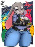  2022 anthro big_breasts bottomwear breasts cleavage clothed clothing digital_media_(artwork) disney english_text female hi_res judy_hopps jyto lagomorph leporid mammal pants rabbit solo text thick_thighs zootopia 