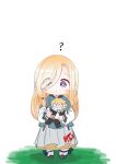  1girl ? absurdres aepuru_arts aether_(genshin_impact) blonde_hair blue_eyes blush_stickers chibi doll genshin_impact hair_over_one_eye highres if_they_mated spoken_question_mark white_background 