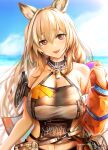  1girl absurdres animal_ears arknights bag bare_shoulders blurry blurry_background breasts brown_eyes ceobe_(arknights) ceobe_(summer_flowers)_(arknights) chain_necklace cleavage coat commentary_request dog_ears dog_girl highres large_breasts lips navel official_alternate_costume open_clothes open_coat open_mouth orange_hair sky smile solo swimsuit yokaze_(yokajie) 