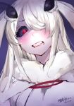  1girl arthropod_girl black_sclera blush clenched_teeth colored_sclera colored_skin commission fur_collar long_hair looking_at_viewer mashiro_(solopipb) mile_(off8mile) moth_girl original red_eyes skeb_commission solo teeth upper_body white_hair white_skin wide-eyed 