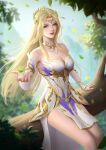  1girl absurdres armor armored_dress bare_legs bare_shoulders blonde_hair blue_eyes douluo_dalu dress gesture hair_ornament hand_up highres leaf long_hair looking_at_viewer qian_renxue_(douluo_dalu) qian_renxue_zhuye sitting skirt solo tree upper_body white_dress 