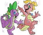  3_toes 4_fingers anthro cassie_(dragon_tales) claws dizzy dragon dragon_tales drunk duo fangs feet female fingers freckles friendship_is_magic hasbro male my_little_pony open_mouth pink_body purple_body salmacisreptile scalie spike_(mlp) spikes substance_intoxication toes wings 