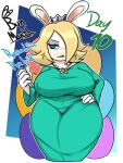  2022 anthro big_breasts blonde_hair breasts clothing digital_media_(artwork) dress english_text female hair hair_over_eye hand_on_hip hi_res jyto lagomorph leporid mammal mario_bros nintendo one_eye_obstructed rabbit rosalina_(mario) solo super_mario_galaxy text thick_thighs video_games 