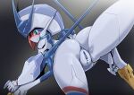  1girl anus ass bar_censor blue_eyes blush censored closed_mouth darling_in_the_franxx delphinium_(darling_in_the_franxx) from_behind holding looking_at_viewer looking_back pochincoff profile pussy sideways_glance smile solo spread_legs standing standing_on_one_leg 