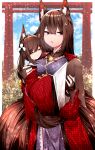  2girls absurdres amagi-chan_(azur_lane) amagi_(azur_lane) animal_ear_fluff animal_ears azur_lane brown_hair brown_tail closed_eyes coat fox_ears highres japanese_clothes kimono kitsune long_hair mother_and_daughter multiple_girls multiple_tails purple_eyes purple_kimono red_coat samip tail torii wide_sleeves 